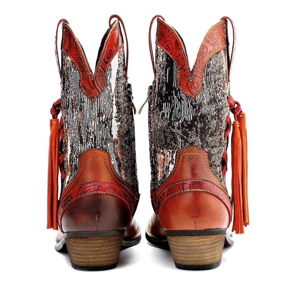 Handmade Colorful cow leather print with women's boots cowboy boots