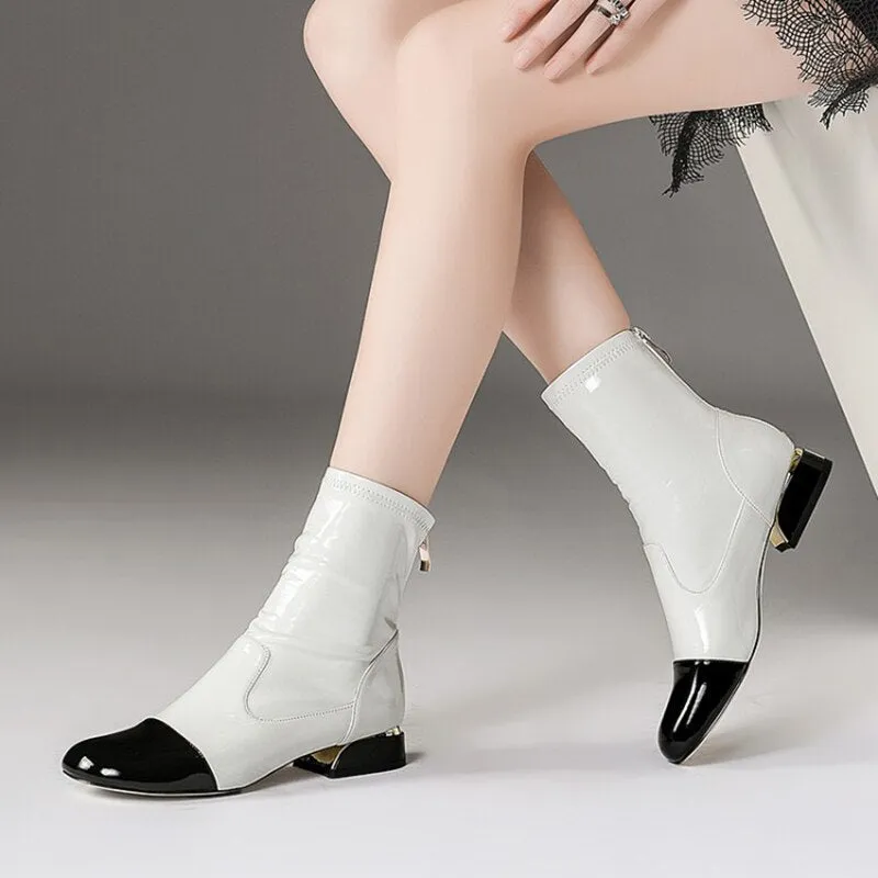japanese chunky winter patent leather crossdresser white plus size ankle square toe big patchwork 10 luxury brand shoes women
