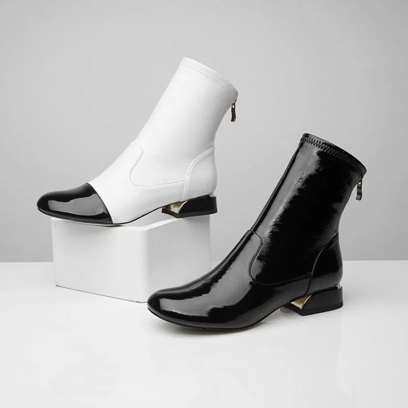japanese chunky winter patent leather crossdresser white plus size ankle square toe big patchwork 10 luxury brand shoes women