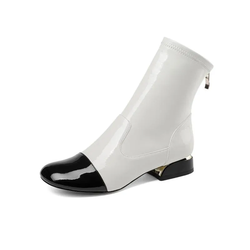 japanese chunky winter patent leather crossdresser white plus size ankle square toe big patchwork 10 luxury brand shoes women