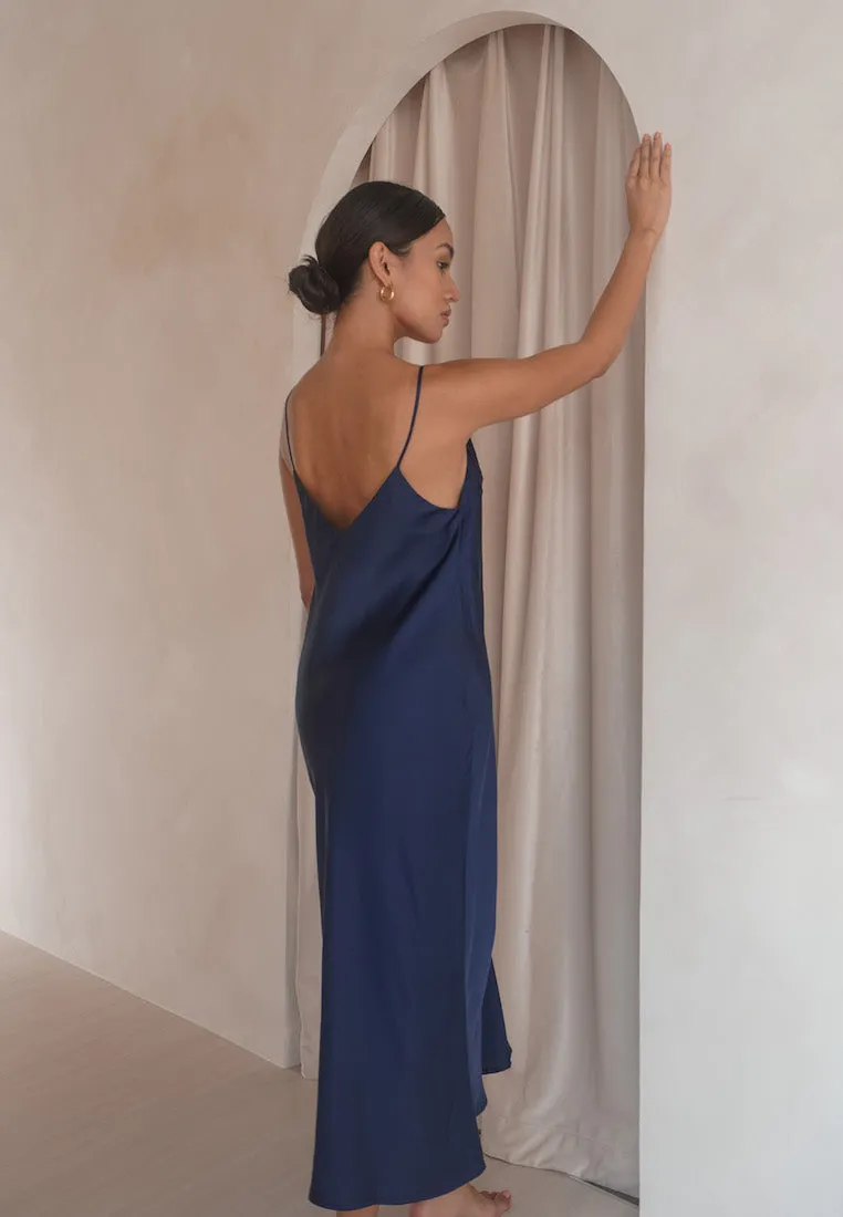 LEA SILK SATIN MIDI SLIP DRESS NAVY BLUE