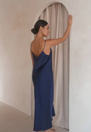 LEA SILK SATIN MIDI SLIP DRESS NAVY BLUE