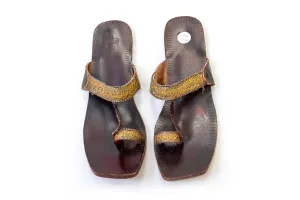 Leather Sandals With Gold Embroidery - Kolhapuri Chappal - Women's