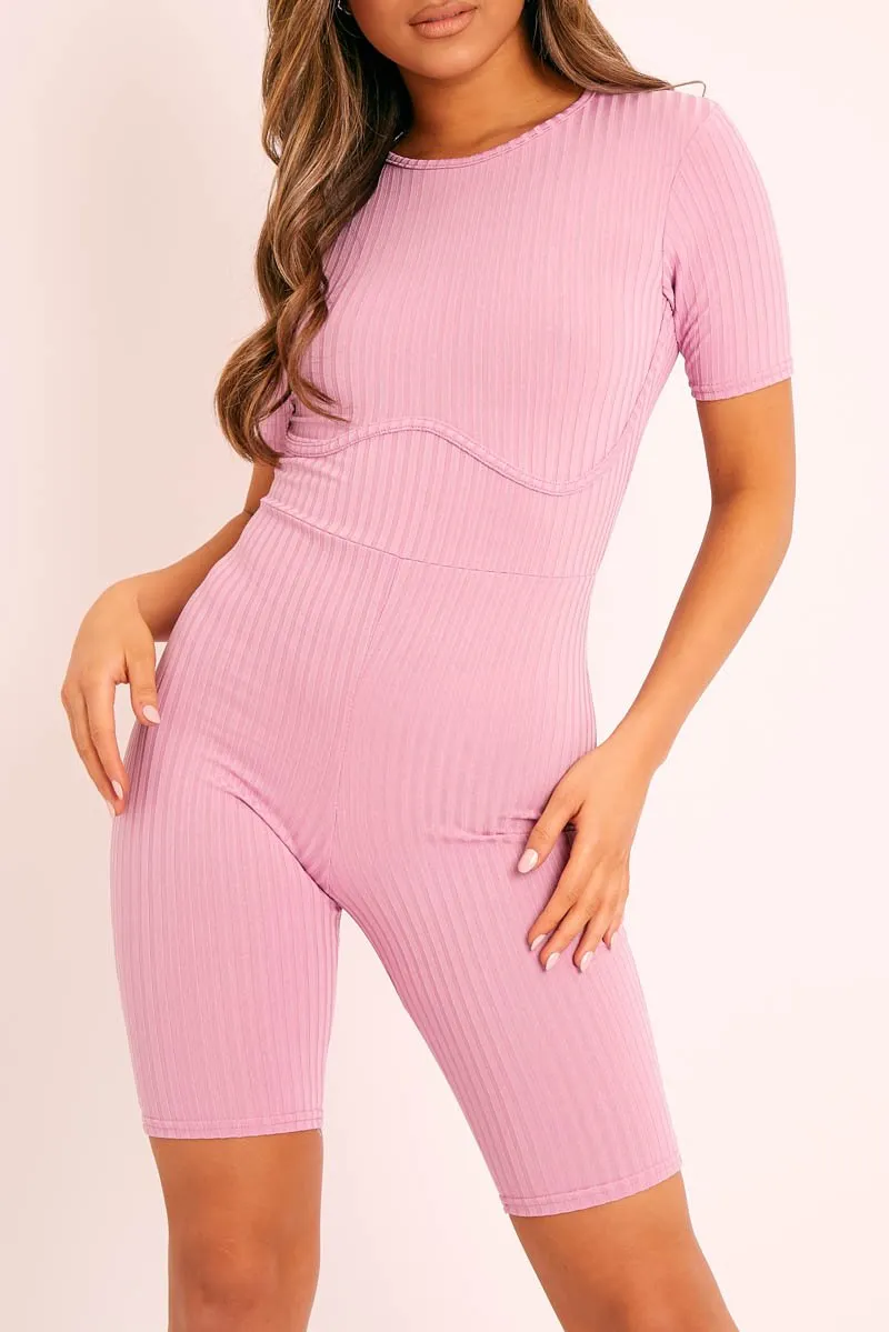 Lilac Ribbed Corset Unitard Playsuit - Delfina