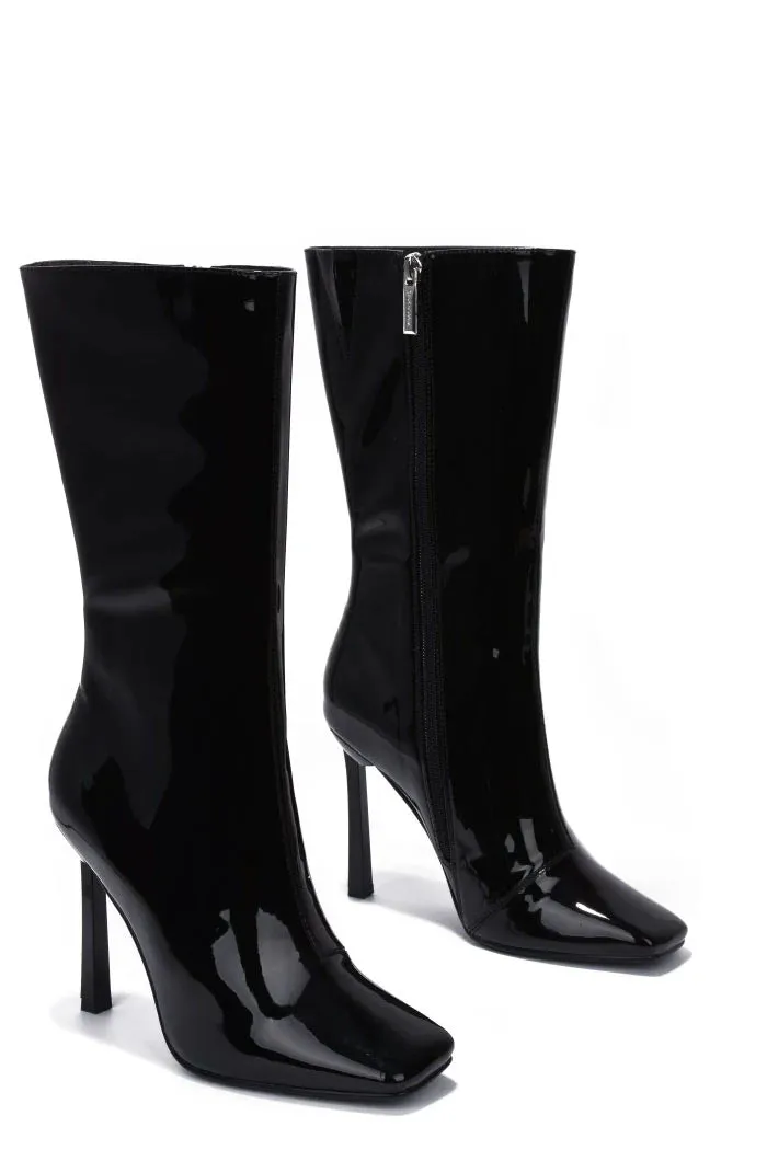 LUCIENE Black Faux Patent Leather Boot - Inner Zipper Closure