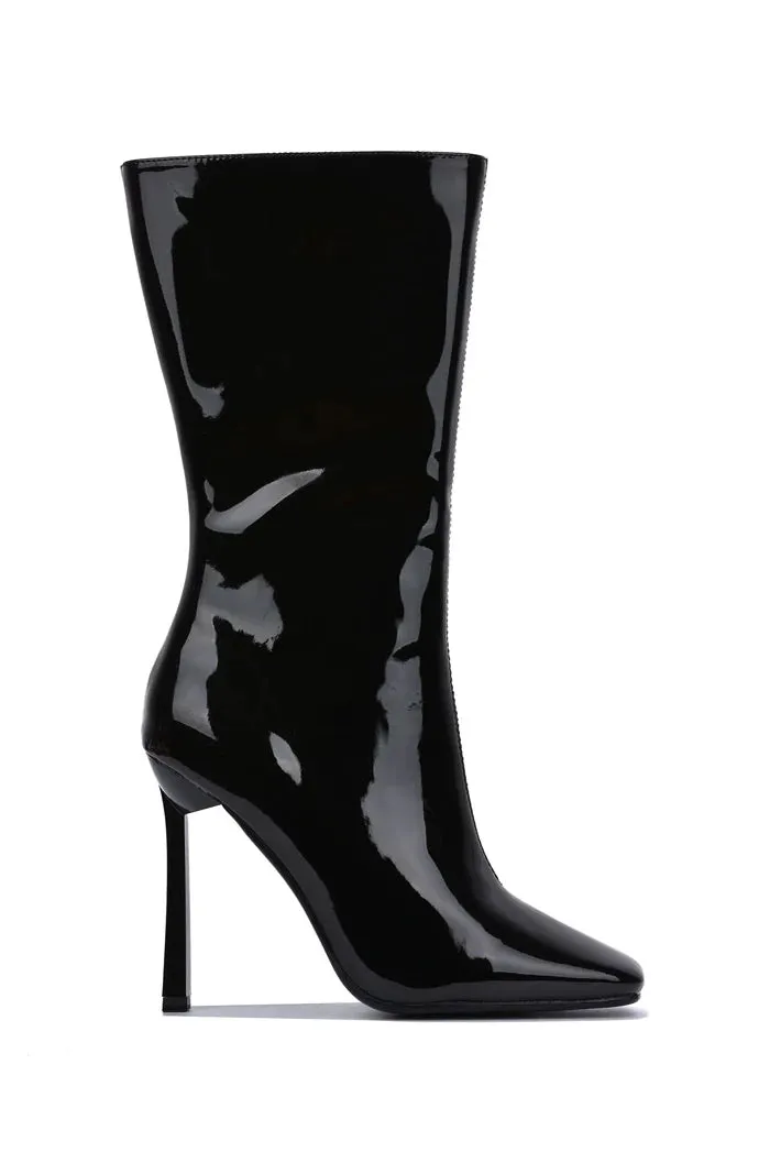 LUCIENE Black Faux Patent Leather Boot - Inner Zipper Closure