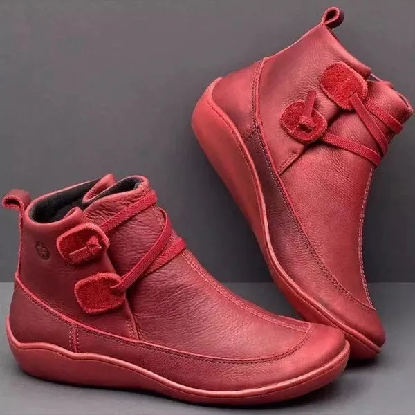Medieval Vintage Leather Boots Braided Strap Flat Heel All Season Boots