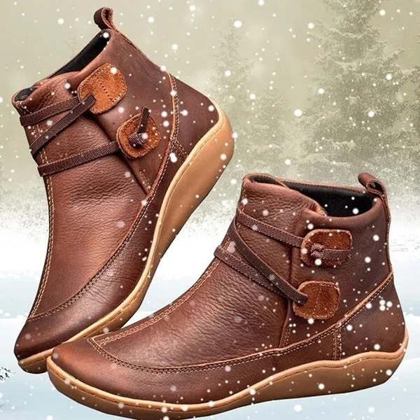 Medieval Vintage Leather Boots Braided Strap Flat Heel All Season Boots