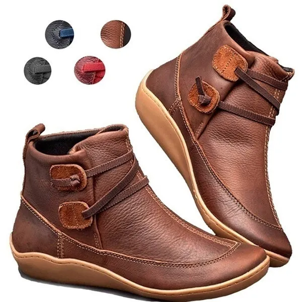 Medieval Vintage Leather Boots Braided Strap Flat Heel All Season Boots