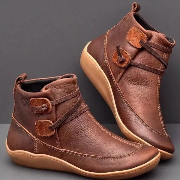 Medieval Vintage Leather Boots Braided Strap Flat Heel All Season Boots