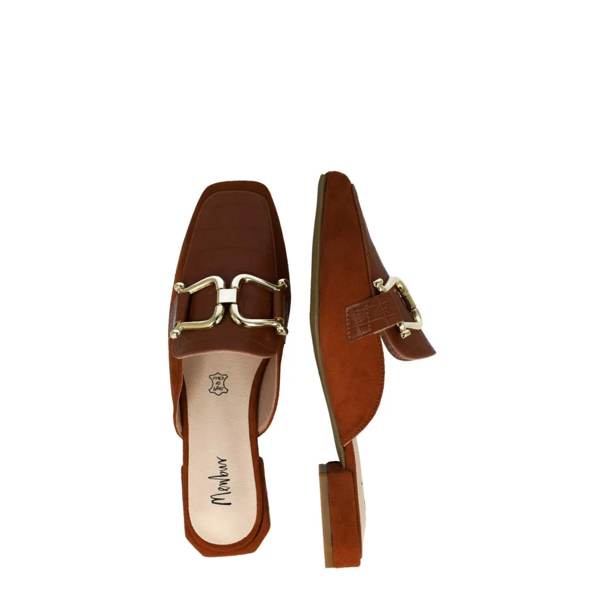 Menbur Brown Gold Buckle Mule Heel Sandals