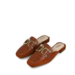 Menbur Brown Gold Buckle Mule Heel Sandals