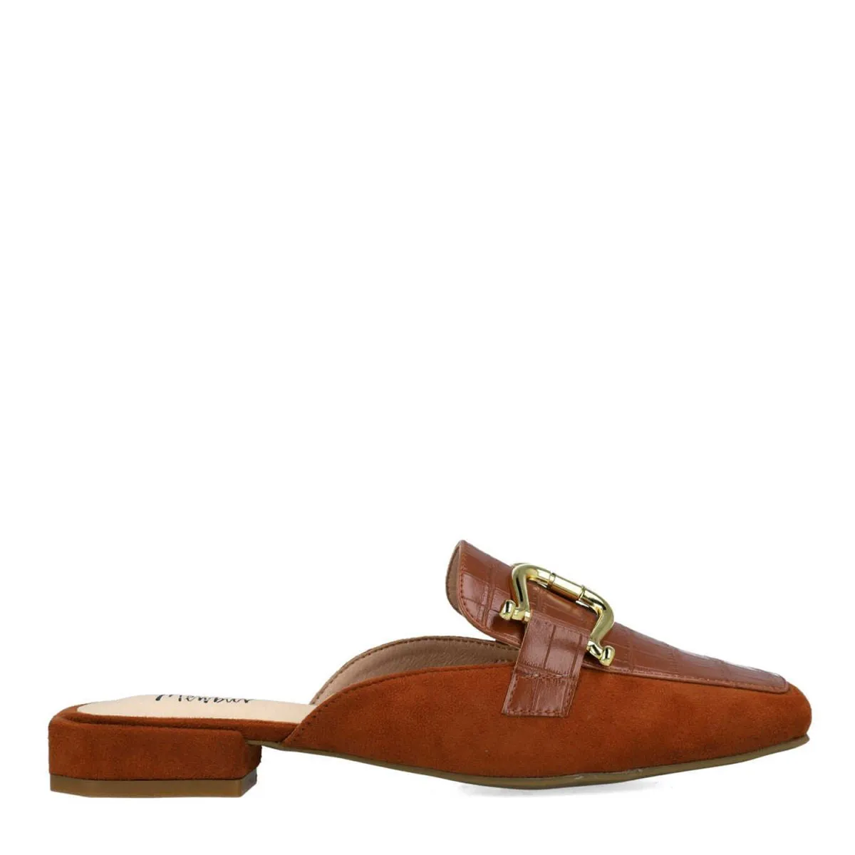 Menbur Brown Gold Buckle Mule Heel Sandals