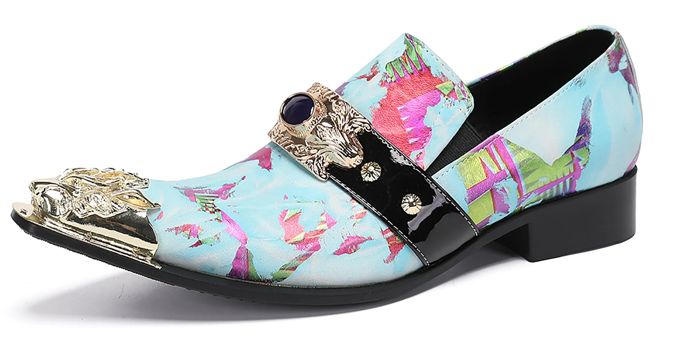 Mens Casual Metal-Tip Toe Gemstone Western Loafers