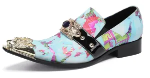 Mens Casual Metal-Tip Toe Gemstone Western Loafers