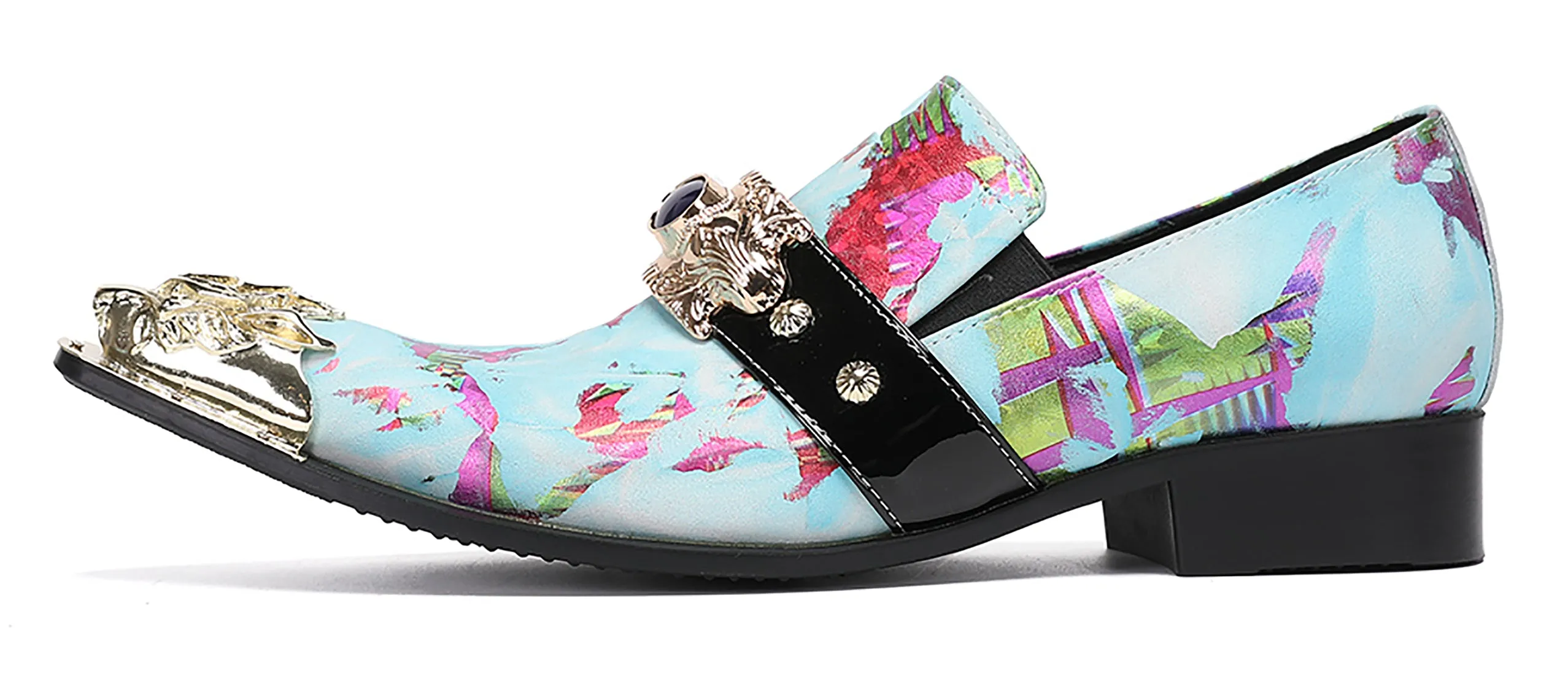 Mens Casual Metal-Tip Toe Gemstone Western Loafers