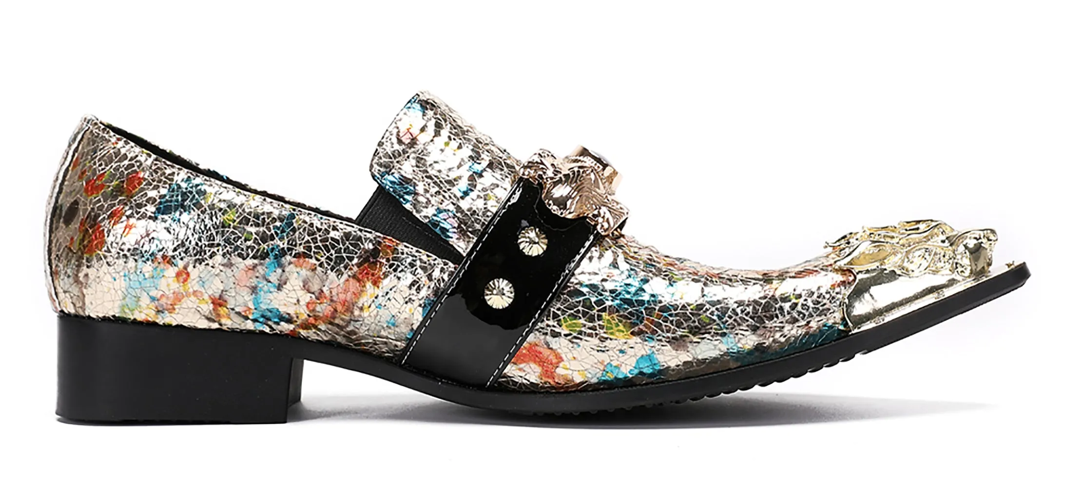 Mens Casual Metal-Tip Toe Gemstone Western Loafers