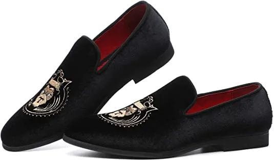 Men's Velvet Smoking Loafers Lion Head