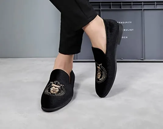 Men's Velvet Smoking Loafers Lion Head