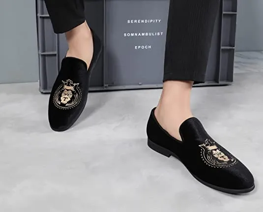 Men's Velvet Smoking Loafers Lion Head