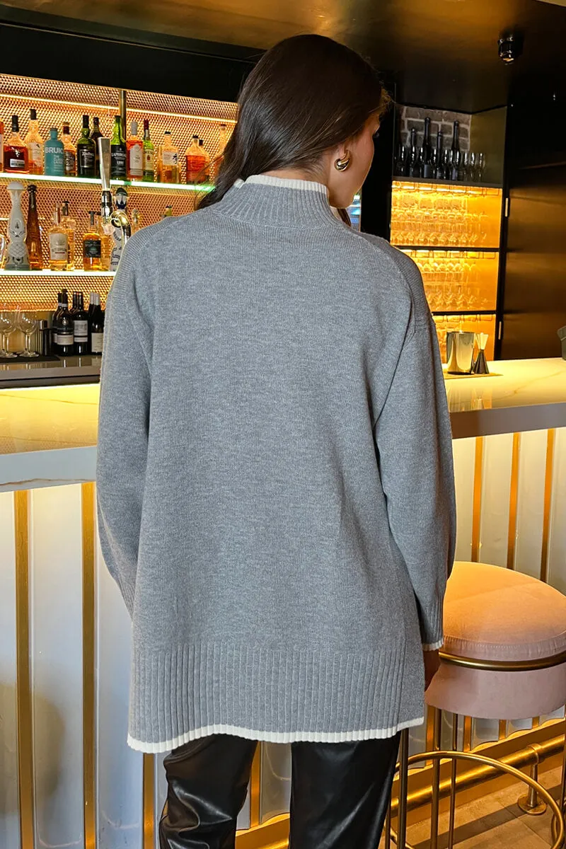 Mid Grey Mock Neck Side Split Contrast Hem Knitted Jumper