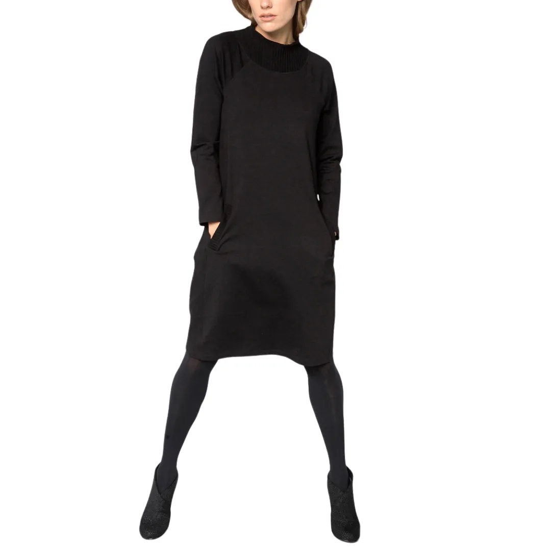 Mock Neck Mid Length Dress - Black
