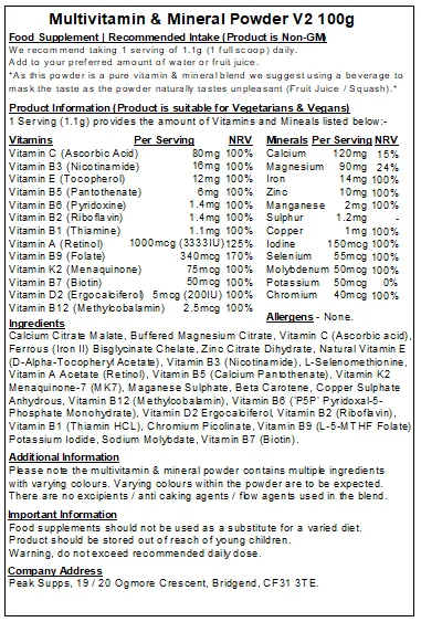 Multivitamins & Minerals Powder V2 – Methylated Vitamins (Folate, B6 ‘P5P’ & B12)