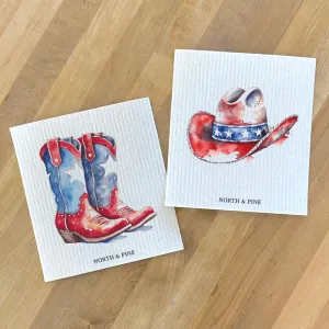 Patriotic Cowboy Boots and Hat - Swedish Dish Cloth