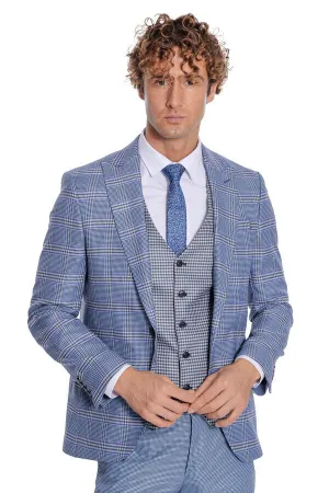 Patterned Checked Slim Fit Blue Men Suit - Wessi