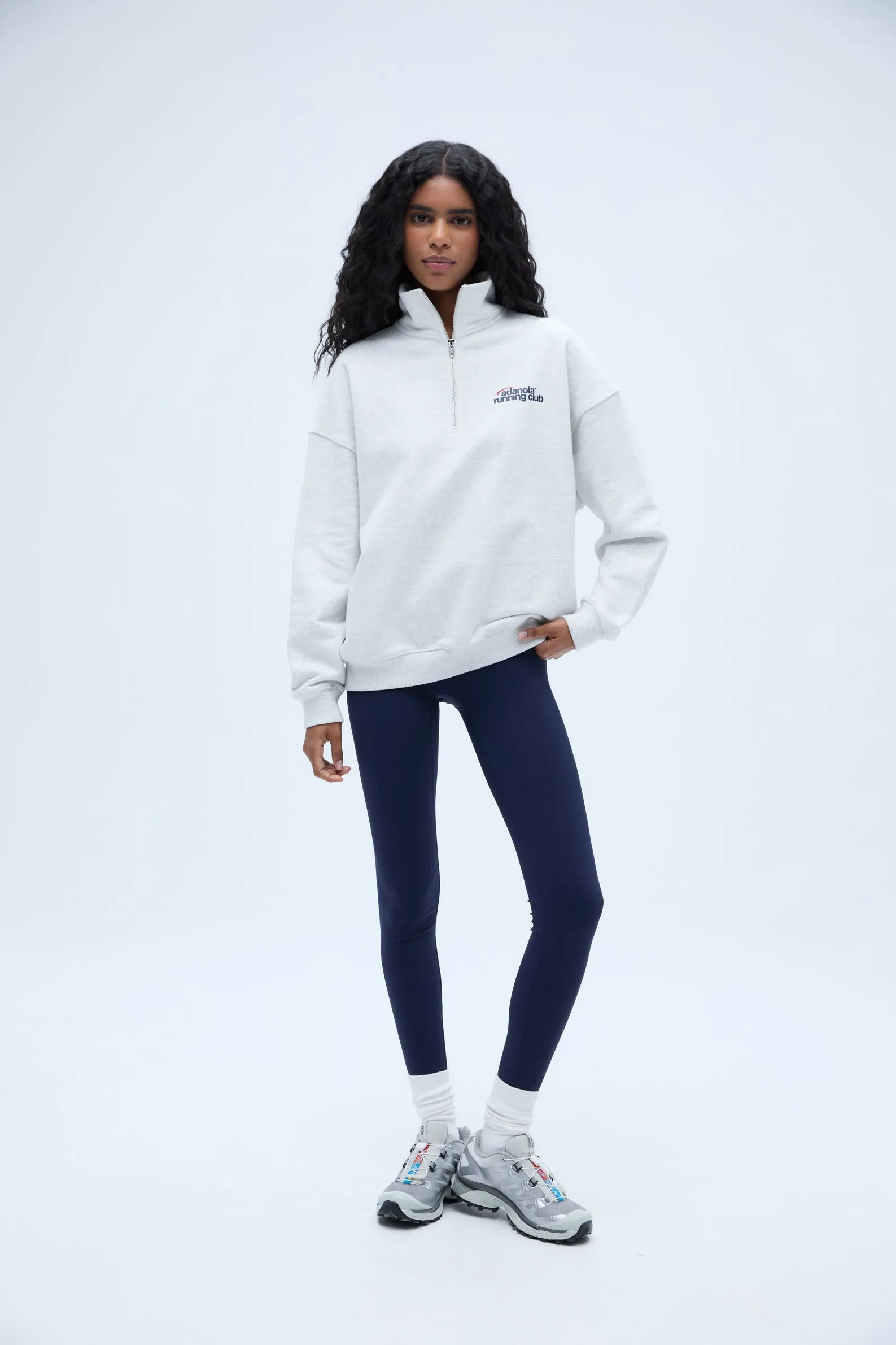 Runners Oversized Funnel Neck Zip Sweatshirt - Light Grey Melange/Classic Red