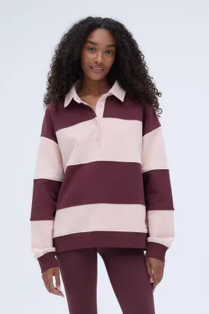Stripe Oversized Henley Sweatshirt - Burgundy/Blush Pink