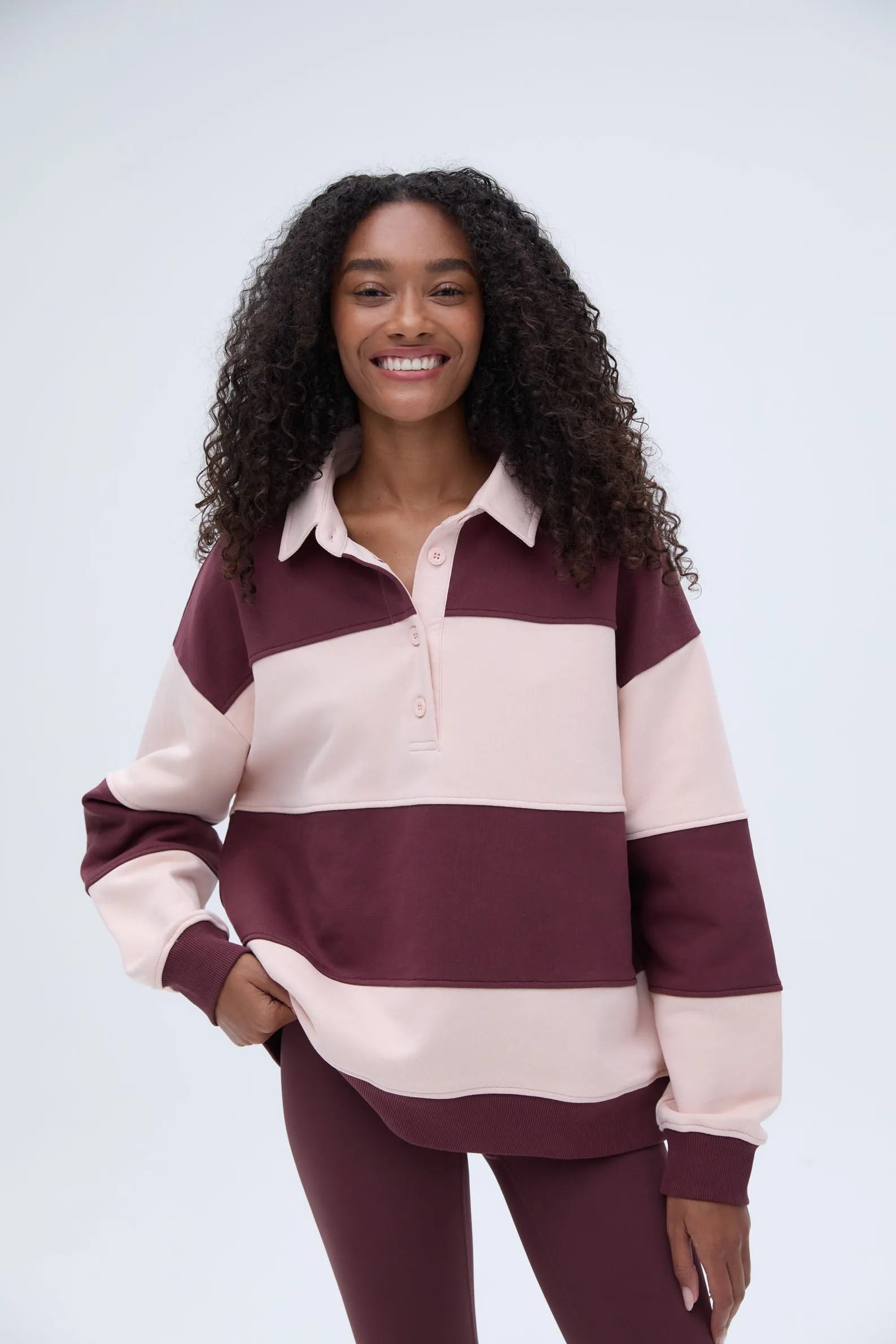 Stripe Oversized Henley Sweatshirt - Burgundy/Blush Pink