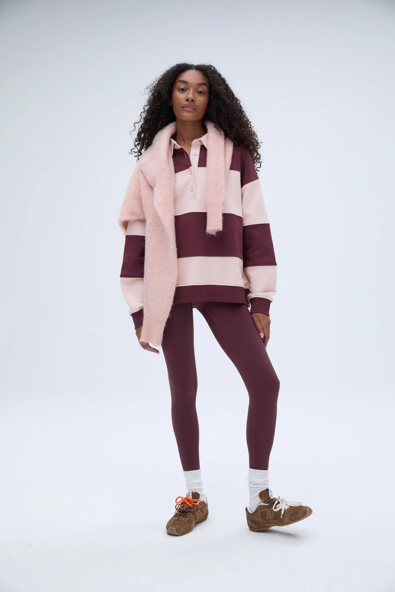 Stripe Oversized Henley Sweatshirt - Burgundy/Blush Pink