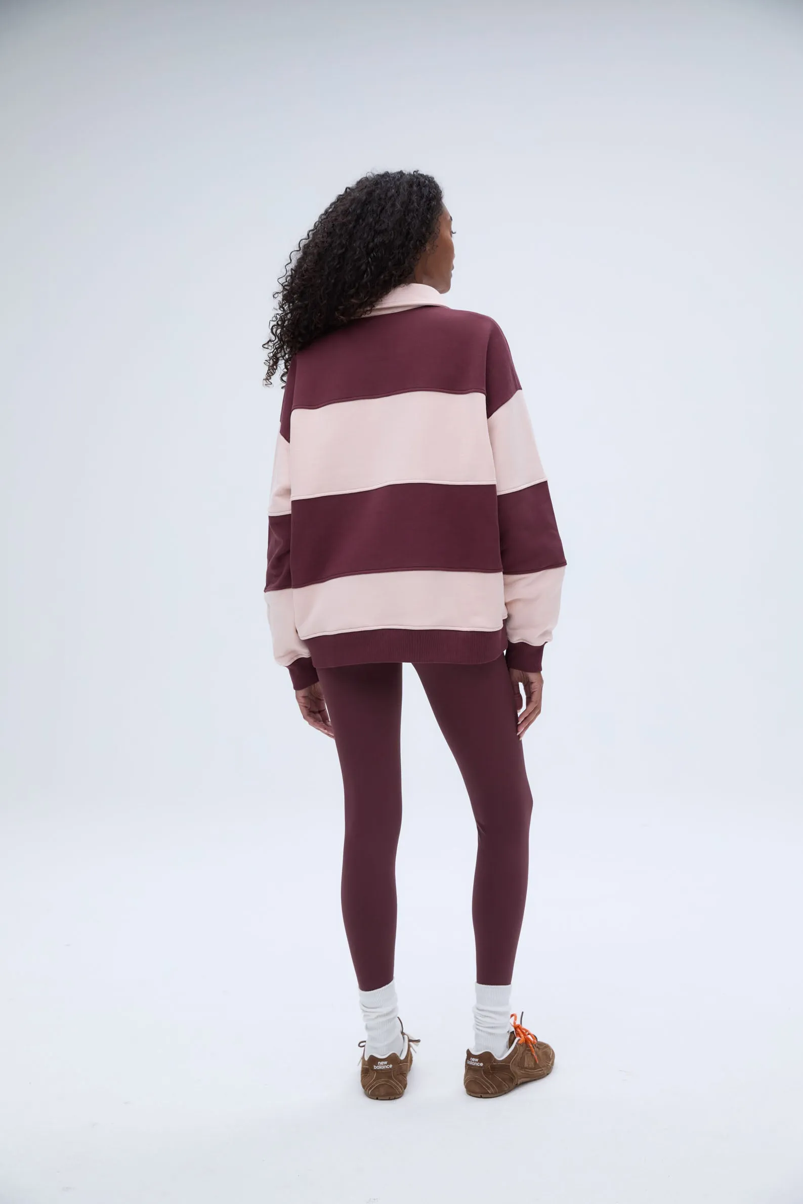 Stripe Oversized Henley Sweatshirt - Burgundy/Blush Pink