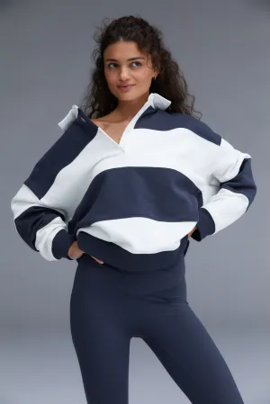 Stripe Oversized Henley Sweatshirt - Midnight Blue/Marshmallow White