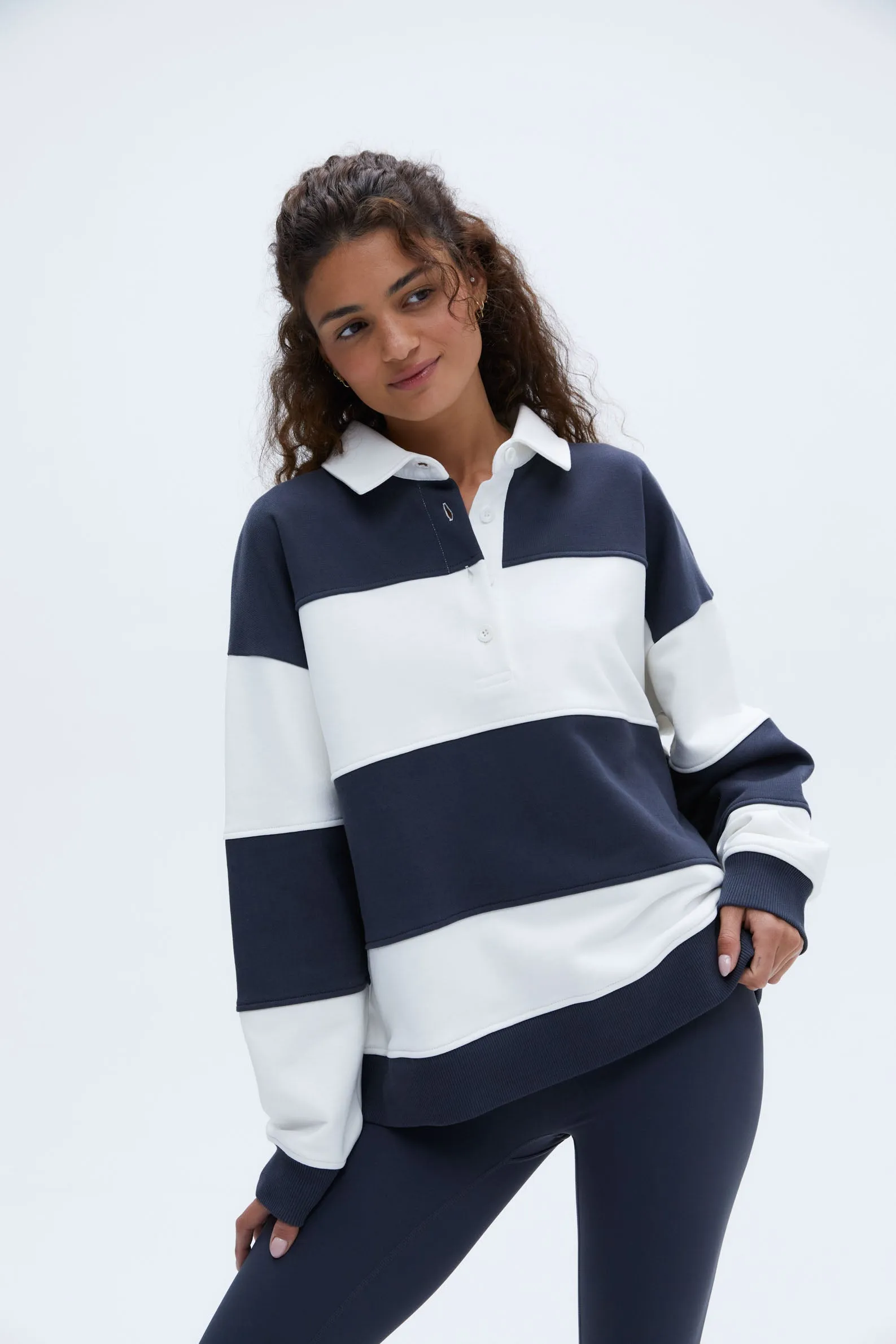 Stripe Oversized Henley Sweatshirt - Midnight Blue/Marshmallow White