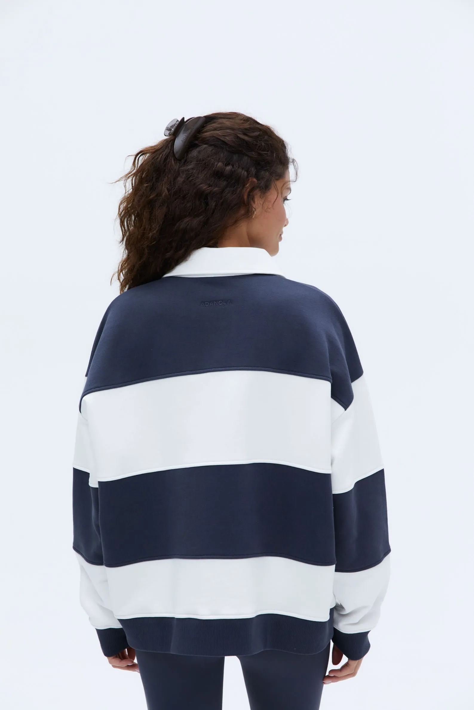 Stripe Oversized Henley Sweatshirt - Midnight Blue/Marshmallow White