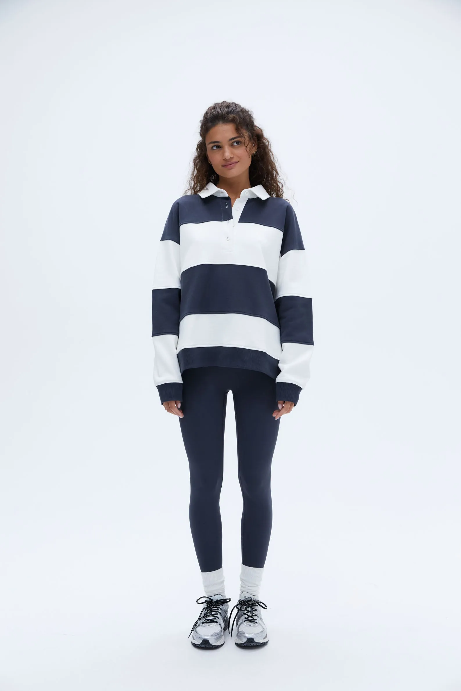 Stripe Oversized Henley Sweatshirt - Midnight Blue/Marshmallow White