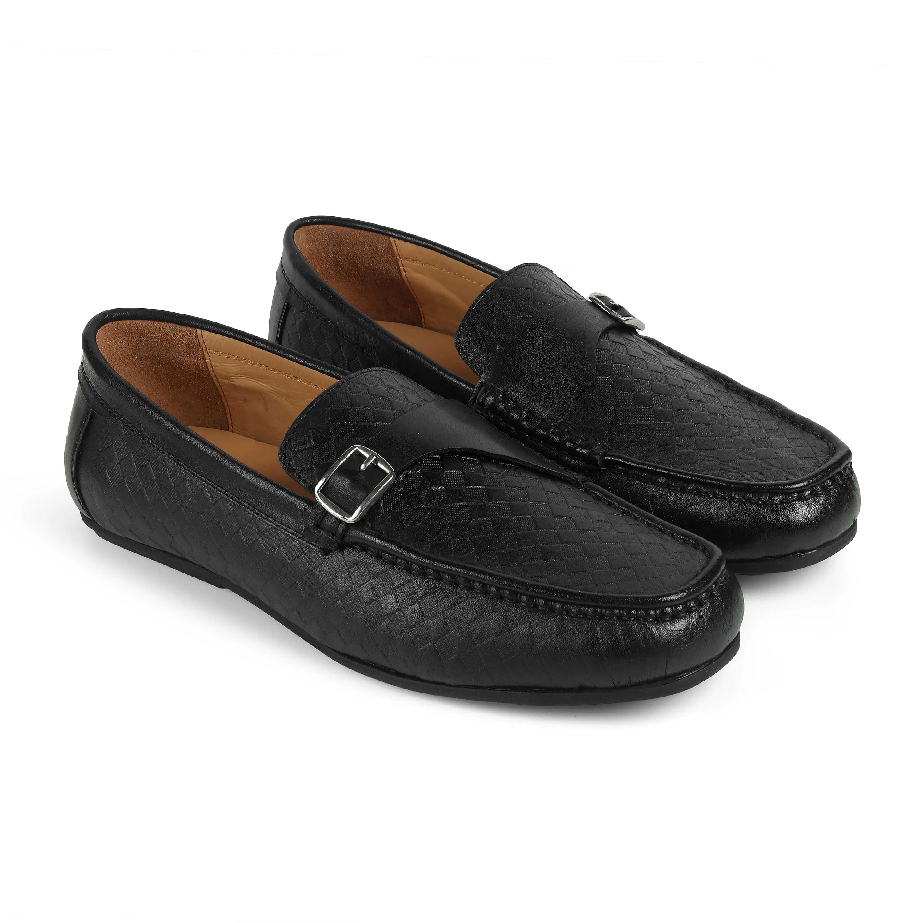Tresmode Smat Black Men's Leather Single Monk Shoes