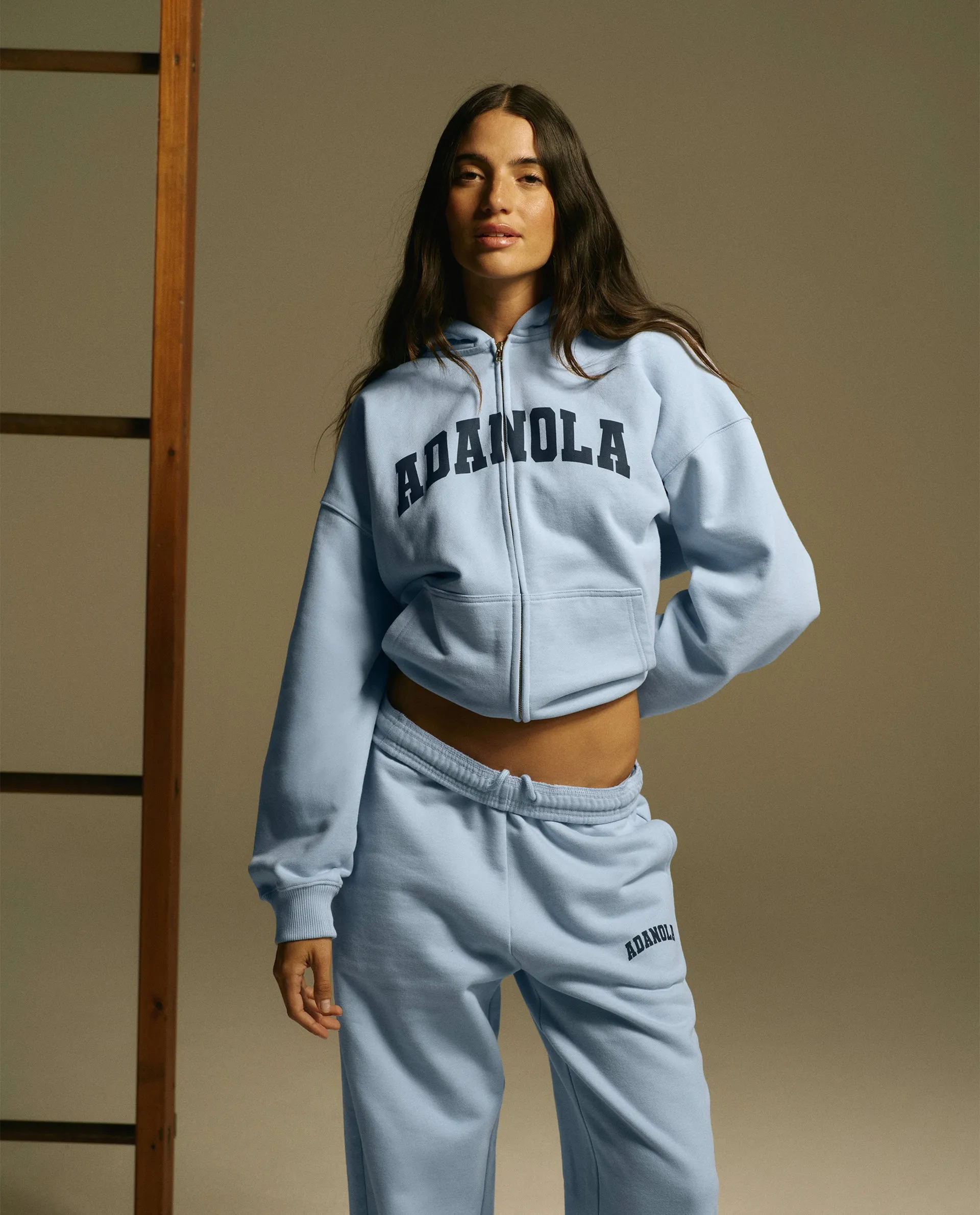 Varsity Oversized Full Zip Hoodie - Powder Blue/Navy Blue