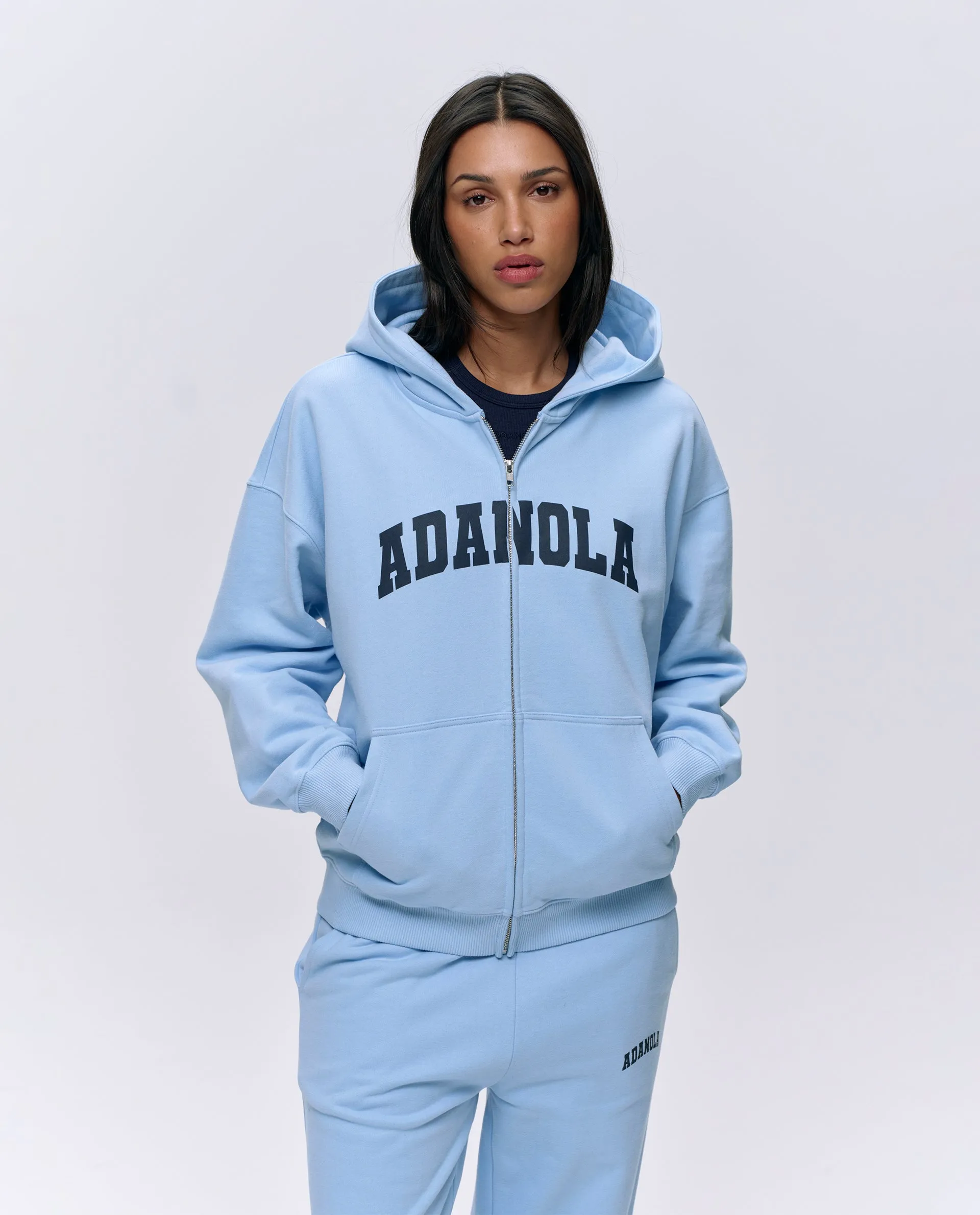 Varsity Oversized Full Zip Hoodie - Powder Blue/Navy Blue