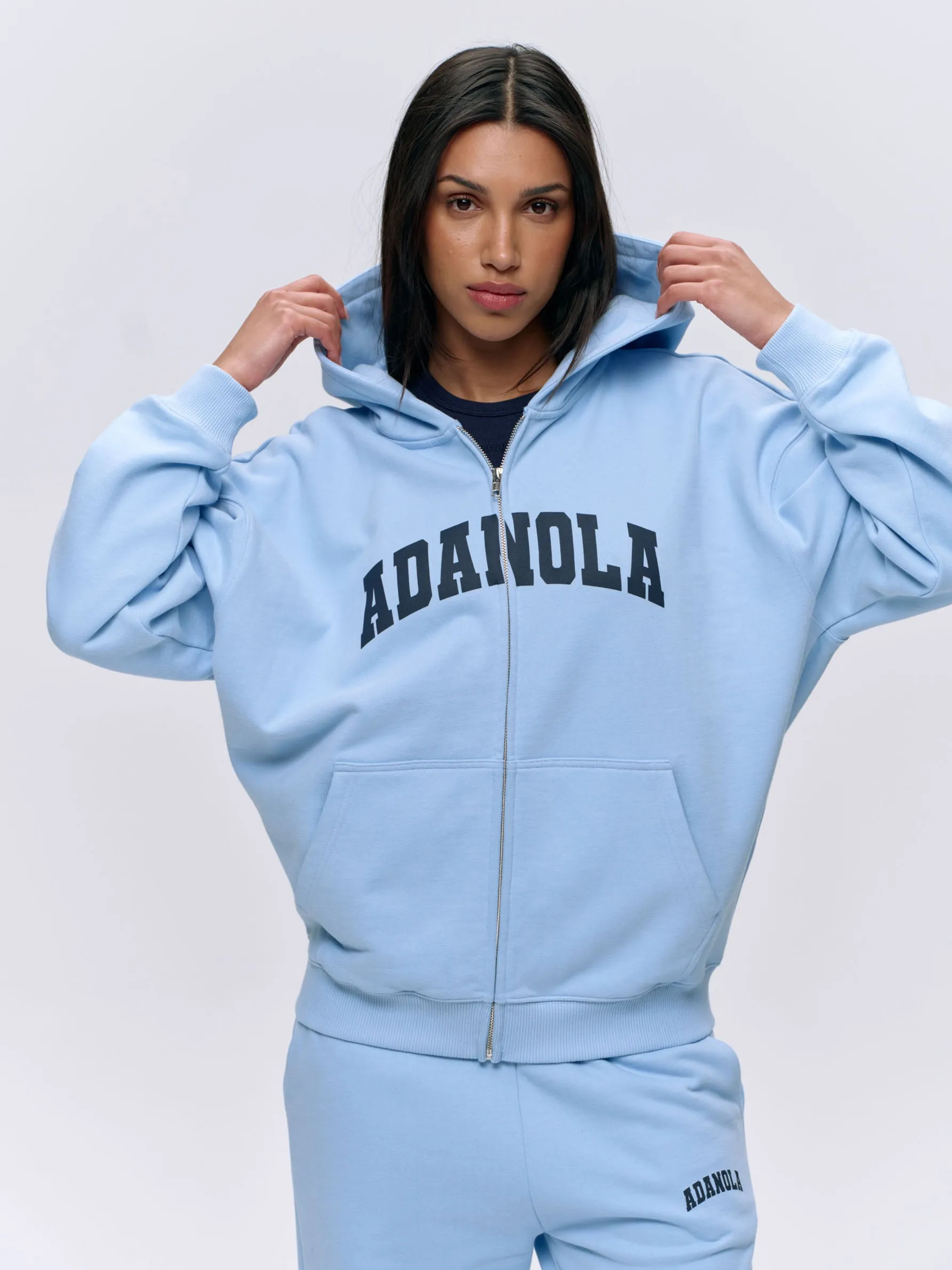 Varsity Oversized Full Zip Hoodie - Powder Blue/Navy Blue