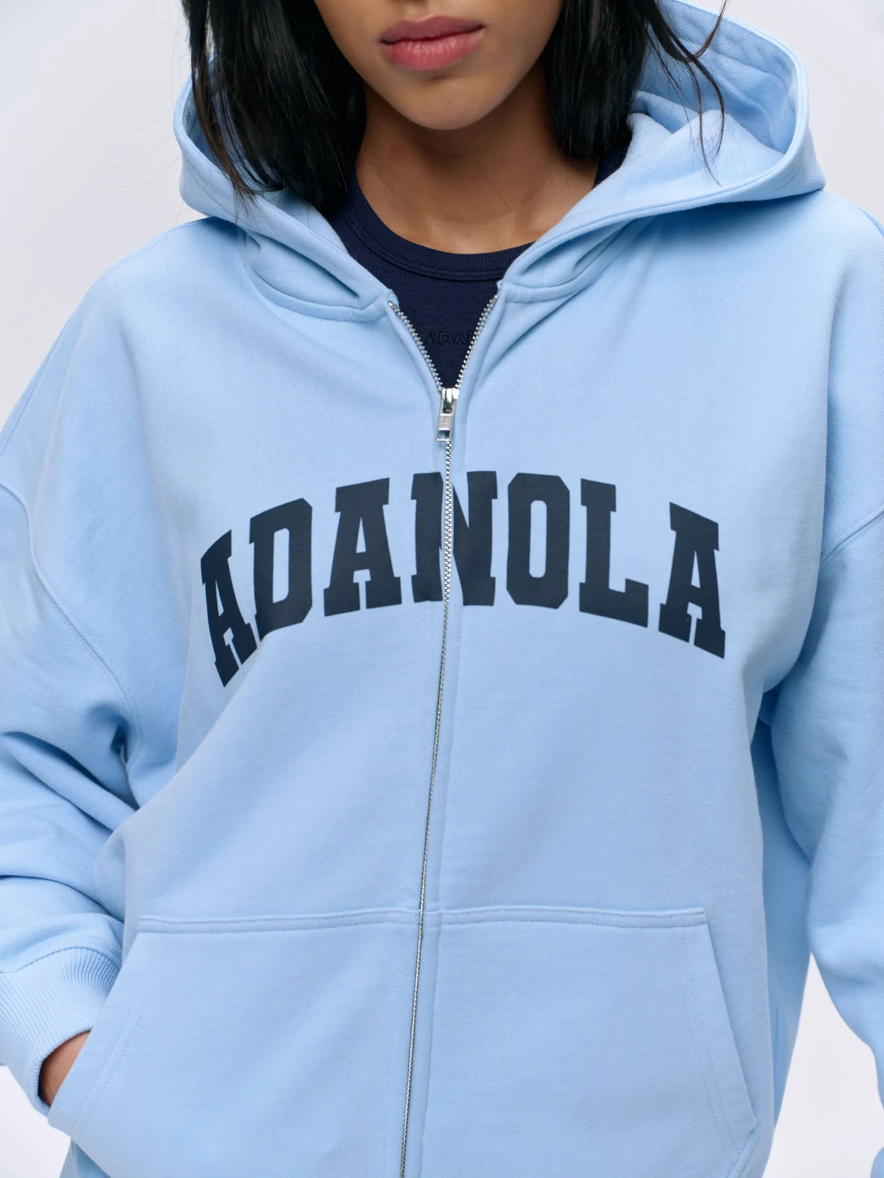 Varsity Oversized Full Zip Hoodie - Powder Blue/Navy Blue
