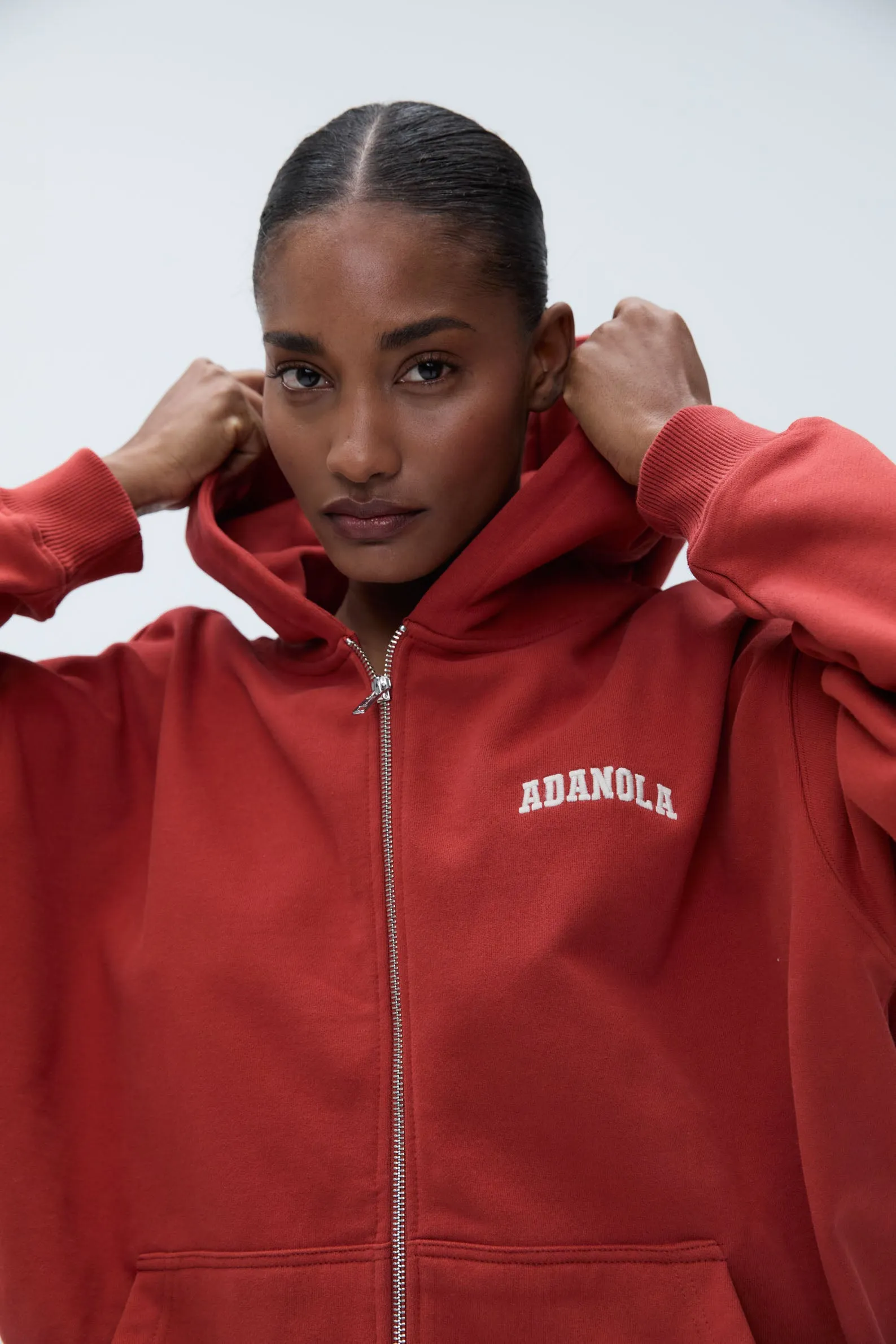 Varsity Oversized Full Zip Hoodie - Vintage Red