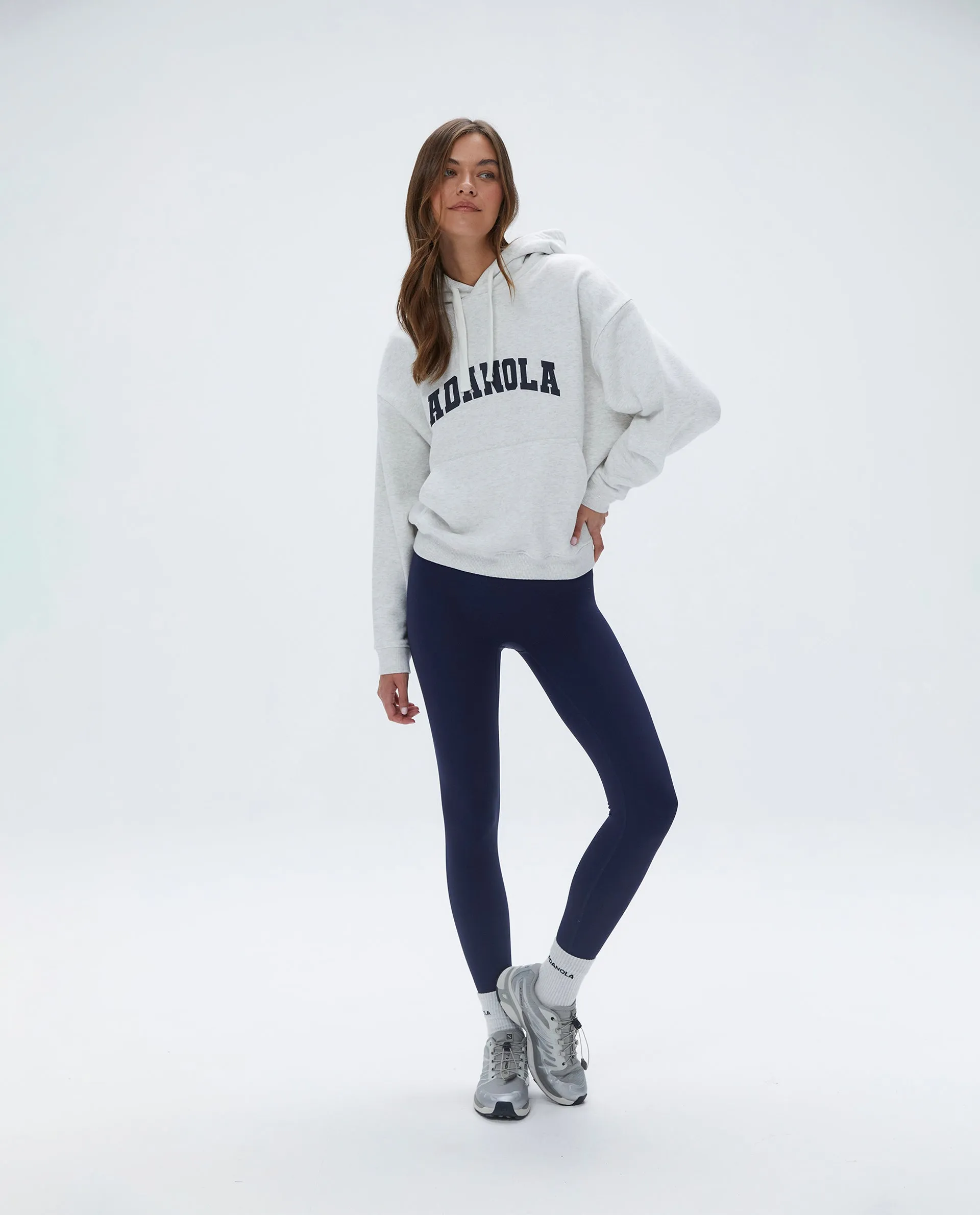Varsity Relaxed Drawcord Hoodie - Light Grey Melange/Navy Blue