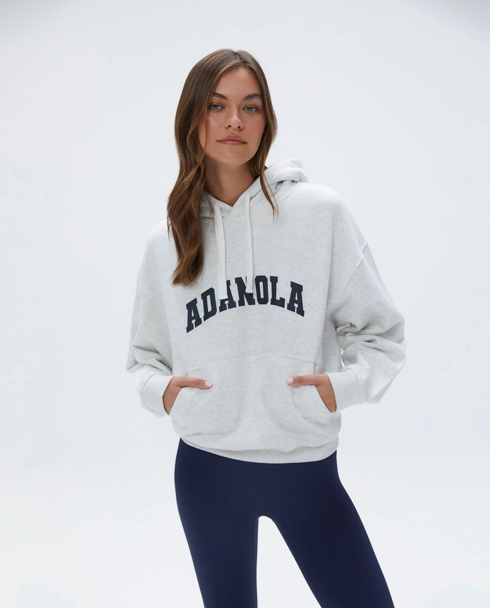 Varsity Relaxed Drawcord Hoodie - Light Grey Melange/Navy Blue