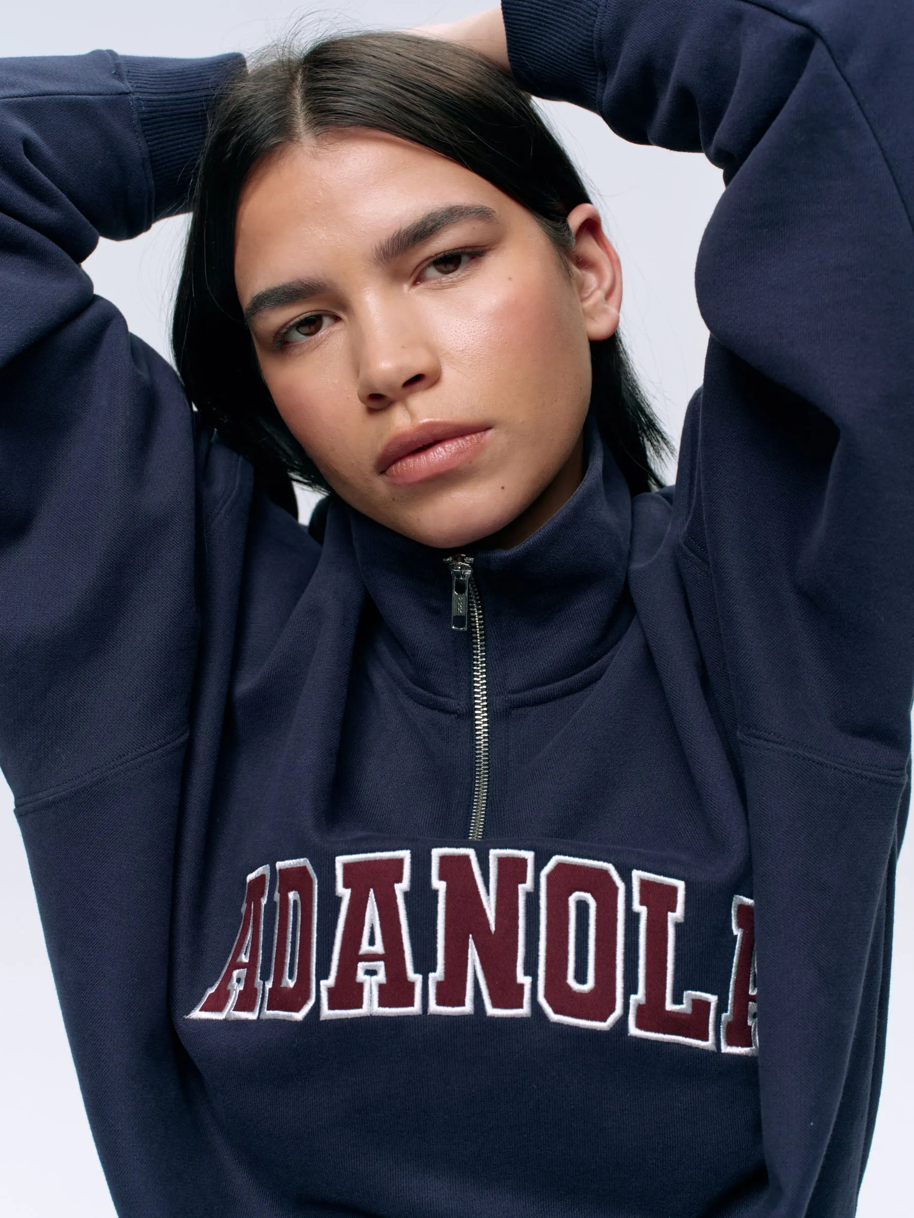 Varsity Relaxed Funnel Neck Zip Sweatshirt - Navy Blue/Burgundy