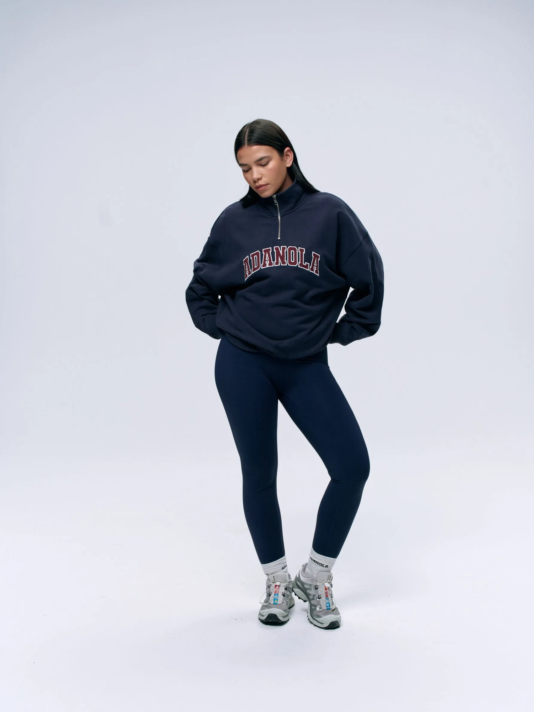 Varsity Relaxed Funnel Neck Zip Sweatshirt - Navy Blue/Burgundy