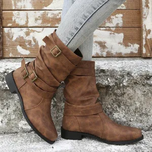 Vintage Pointed Toe Buckle Decoration Boots