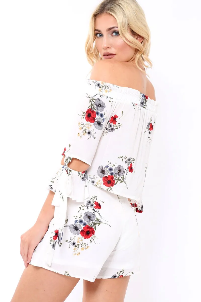 White Floral Print Shorts - Joney
